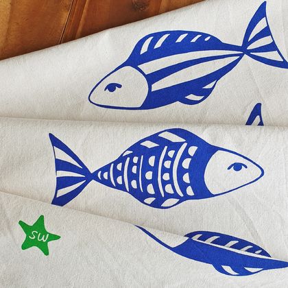 Handprinted 100% Natural Cotton Tea Towel - Blue Fish